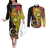 Personalised Vanuatu Torba Day Couples Matching Off The Shoulder Long Sleeve Dress and Long Sleeve Button Shirts Coat Of Arms Mix Tropical Flowers LT14 Black - Polynesian Pride