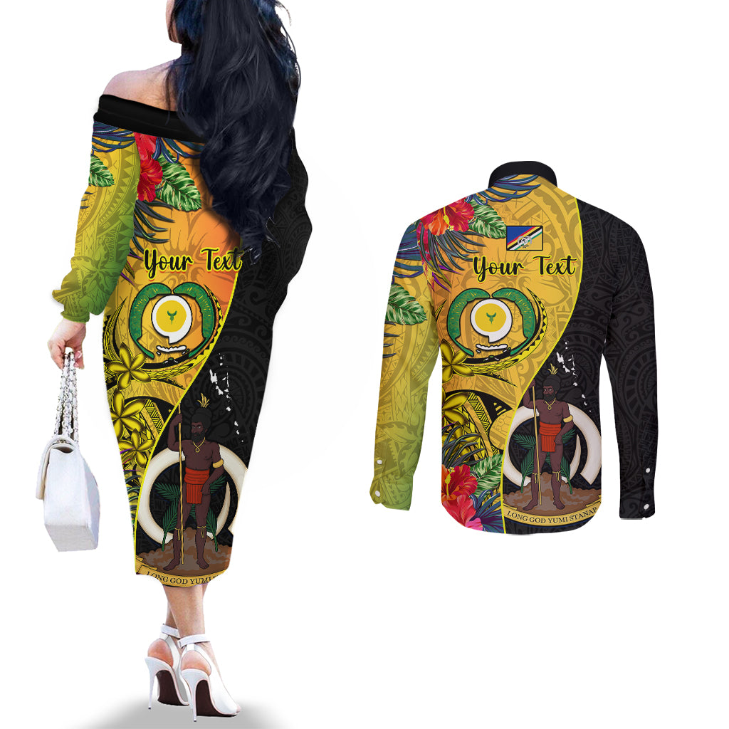 Personalised Vanuatu Torba Day Couples Matching Off The Shoulder Long Sleeve Dress and Long Sleeve Button Shirts Coat Of Arms Mix Tropical Flowers LT14 - Polynesian Pride
