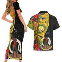 Personalised Vanuatu Torba Day Couples Matching Short Sleeve Bodycon Dress and Hawaiian Shirt Coat Of Arms Mix Tropical Flowers LT14 - Polynesian Pride