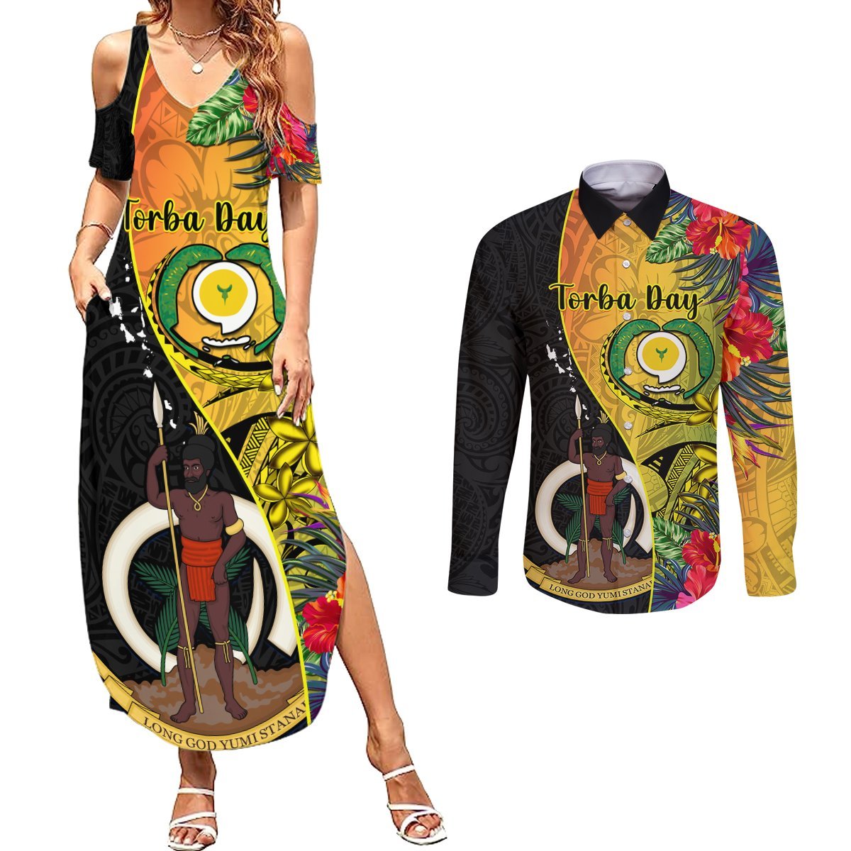 Personalised Vanuatu Torba Day Couples Matching Summer Maxi Dress and Long Sleeve Button Shirts Coat Of Arms Mix Tropical Flowers LT14 Black - Polynesian Pride