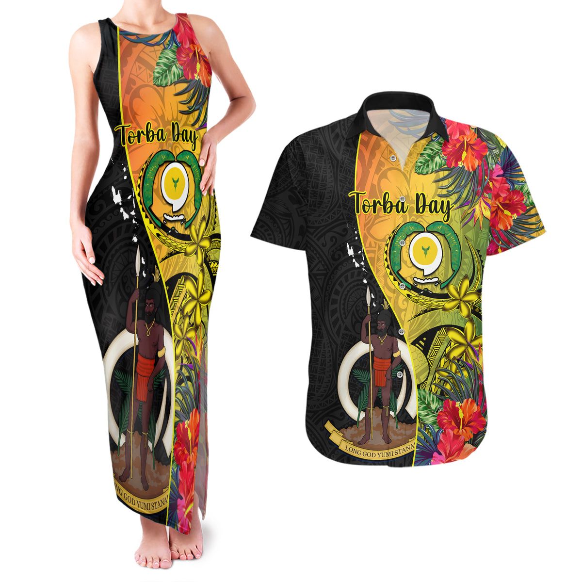 Personalised Vanuatu Torba Day Couples Matching Tank Maxi Dress and Hawaiian Shirt Coat Of Arms Mix Tropical Flowers LT14 Black - Polynesian Pride