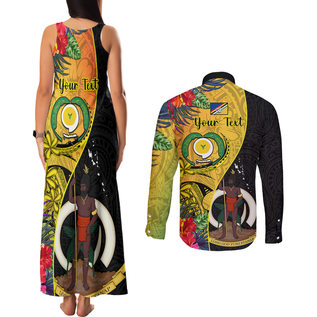 Personalised Vanuatu Torba Day Couples Matching Tank Maxi Dress and Long Sleeve Button Shirts Coat Of Arms Mix Tropical Flowers LT14 - Polynesian Pride