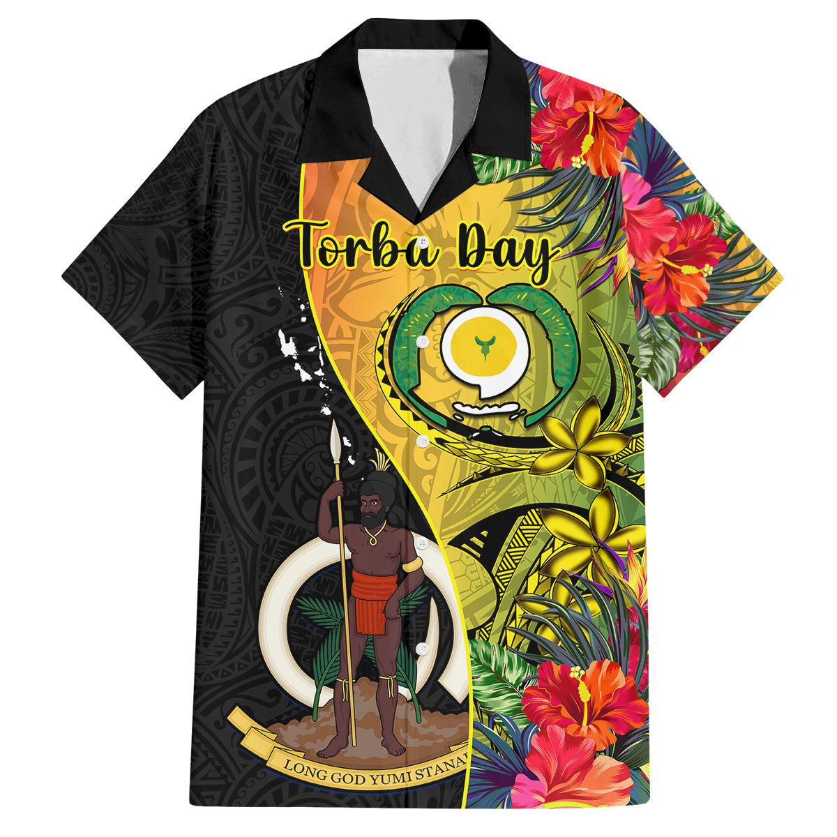 Personalised Vanuatu Torba Day Family Matching Long Sleeve Bodycon Dress and Hawaiian Shirt Coat Of Arms Mix Tropical Flowers LT14 Dad's Shirt - Short Sleeve Black - Polynesian Pride