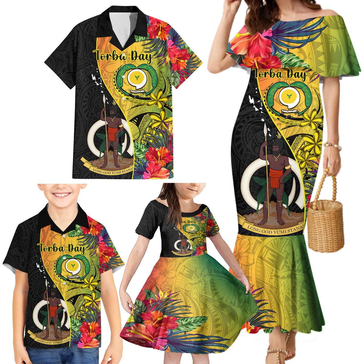 Personalised Vanuatu Torba Day Family Matching Mermaid Dress and Hawaiian Shirt Coat Of Arms Mix Tropical Flowers LT14 - Polynesian Pride