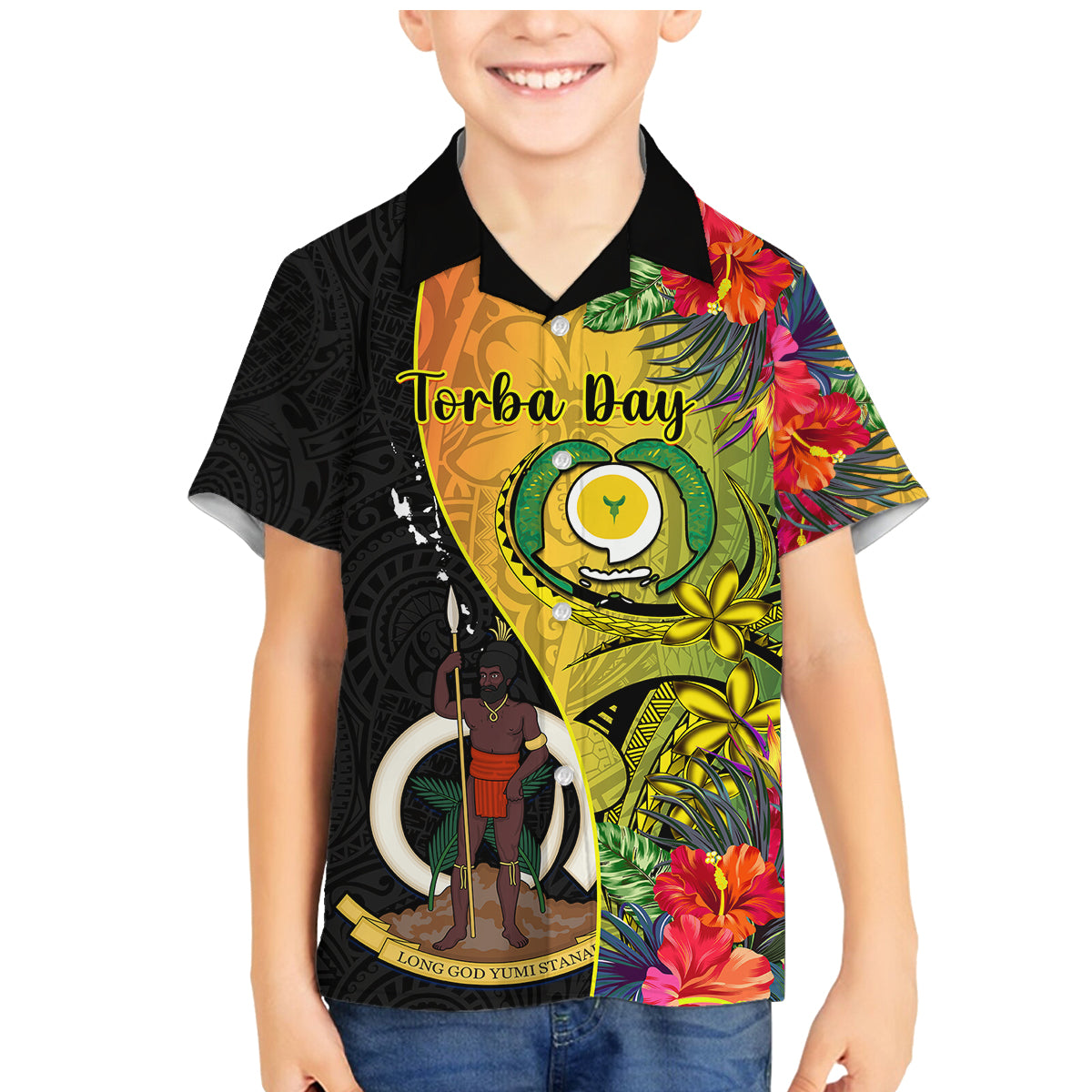 Personalised Vanuatu Torba Day Family Matching Mermaid Dress and Hawaiian Shirt Coat Of Arms Mix Tropical Flowers LT14 Son's Shirt Black - Polynesian Pride