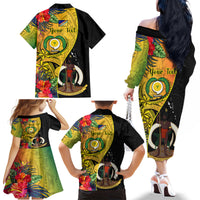 Personalised Vanuatu Torba Day Family Matching Off Shoulder Long Sleeve Dress and Hawaiian Shirt Coat Of Arms Mix Tropical Flowers LT14 - Polynesian Pride