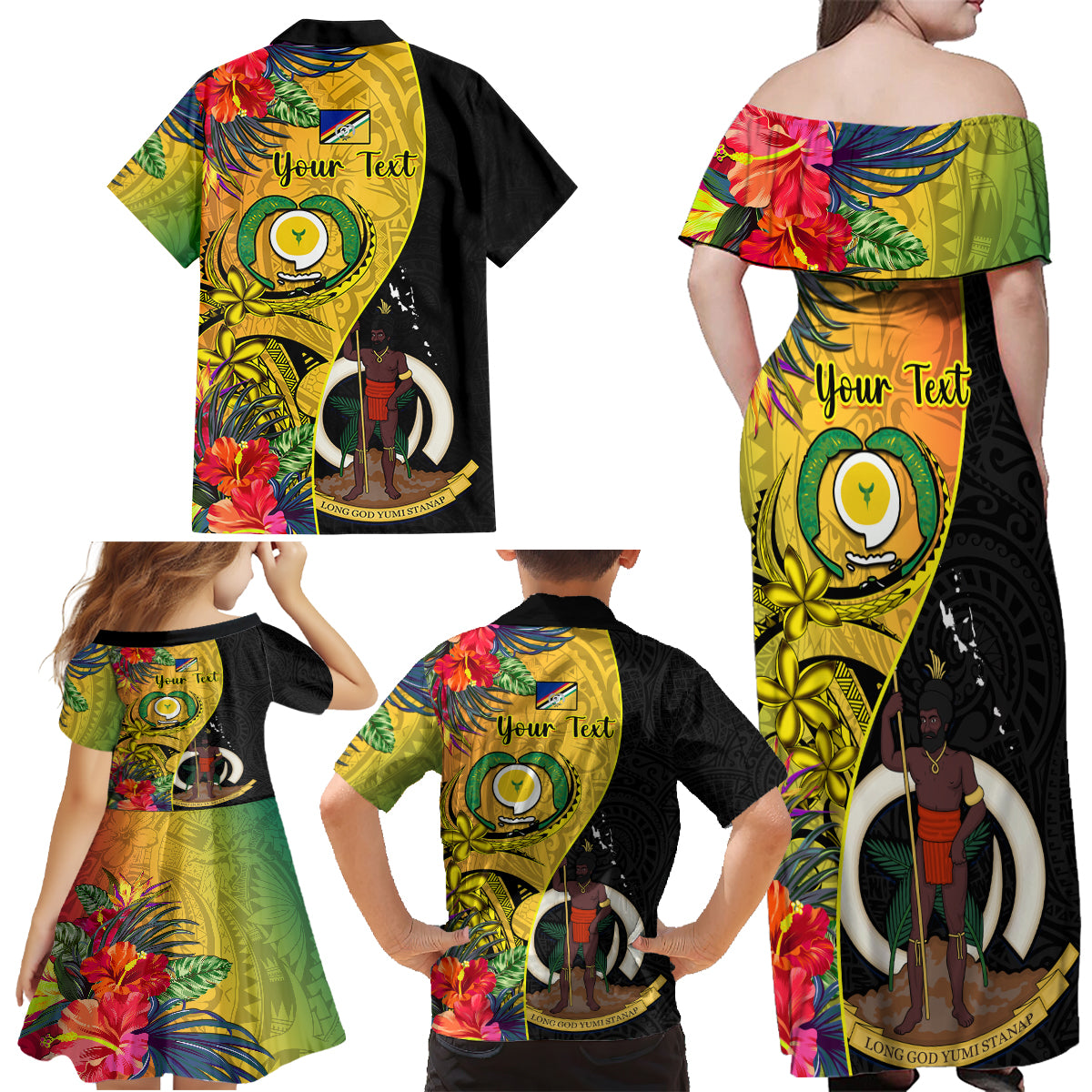 Personalised Vanuatu Torba Day Family Matching Off Shoulder Maxi Dress and Hawaiian Shirt Coat Of Arms Mix Tropical Flowers LT14 - Polynesian Pride