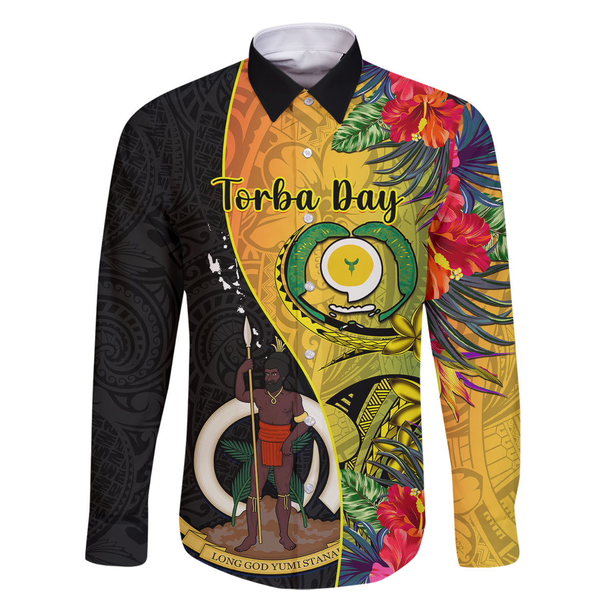 Personalised Vanuatu Torba Day Family Matching Off Shoulder Maxi Dress and Hawaiian Shirt Coat Of Arms Mix Tropical Flowers LT14 Dad's Shirt - Long Sleeve Black - Polynesian Pride