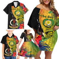 Personalised Vanuatu Torba Day Family Matching Off Shoulder Short Dress and Hawaiian Shirt Coat Of Arms Mix Tropical Flowers LT14 - Polynesian Pride