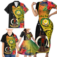 Personalised Vanuatu Torba Day Family Matching Short Sleeve Bodycon Dress and Hawaiian Shirt Coat Of Arms Mix Tropical Flowers LT14 - Polynesian Pride