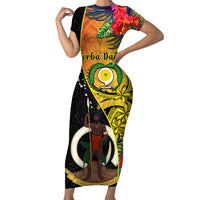 Personalised Vanuatu Torba Day Family Matching Short Sleeve Bodycon Dress and Hawaiian Shirt Coat Of Arms Mix Tropical Flowers LT14 Mom's Dress Black - Polynesian Pride