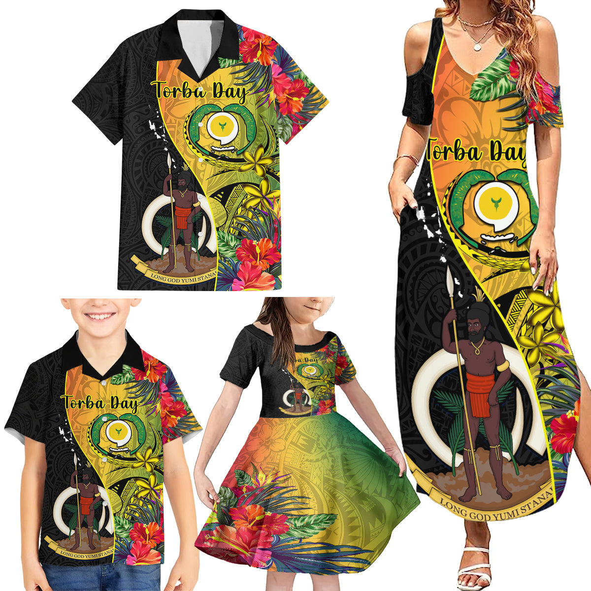 Personalised Vanuatu Torba Day Family Matching Summer Maxi Dress and Hawaiian Shirt Coat Of Arms Mix Tropical Flowers LT14 - Polynesian Pride