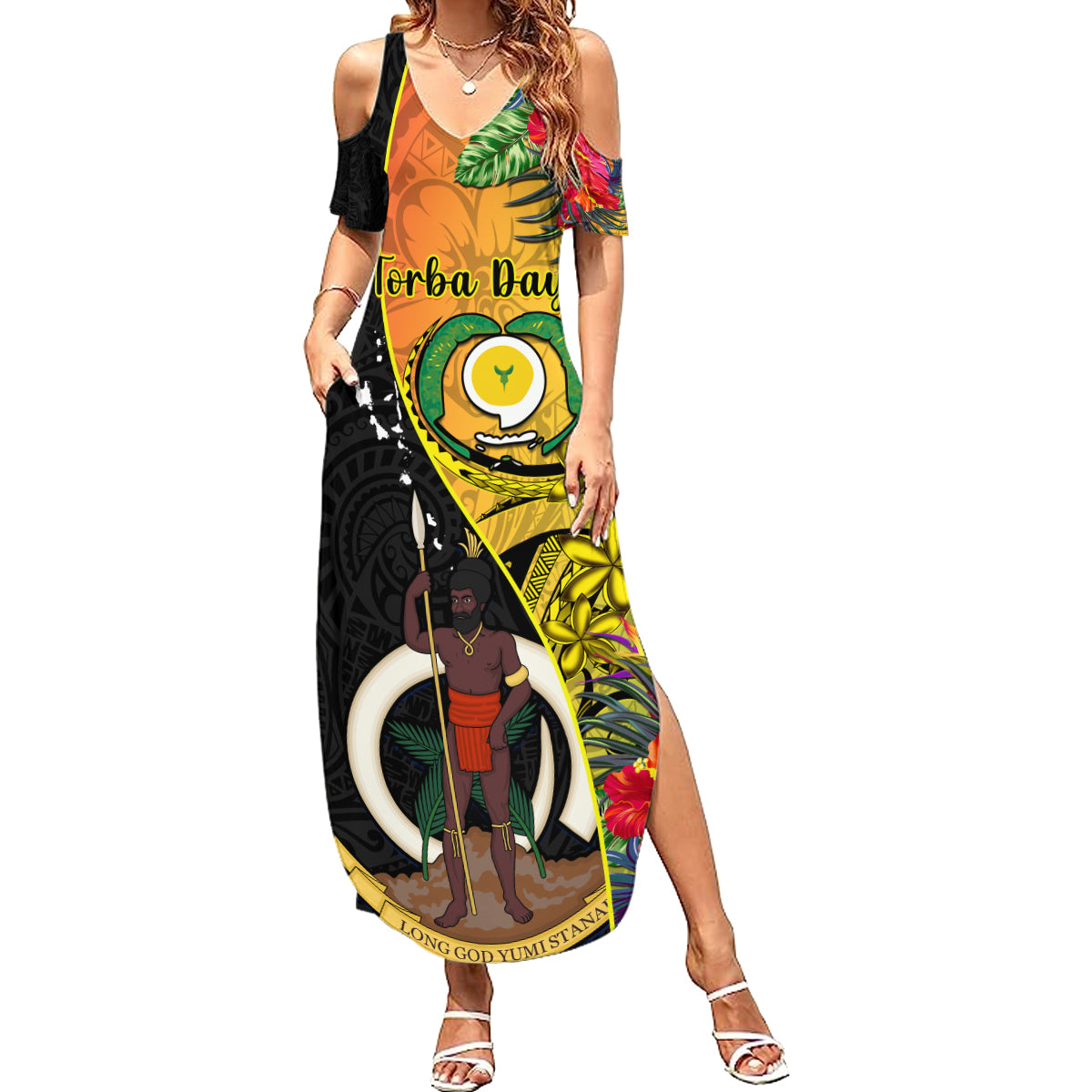 Personalised Vanuatu Torba Day Family Matching Summer Maxi Dress and Hawaiian Shirt Coat Of Arms Mix Tropical Flowers LT14 Mom's Dress Black - Polynesian Pride