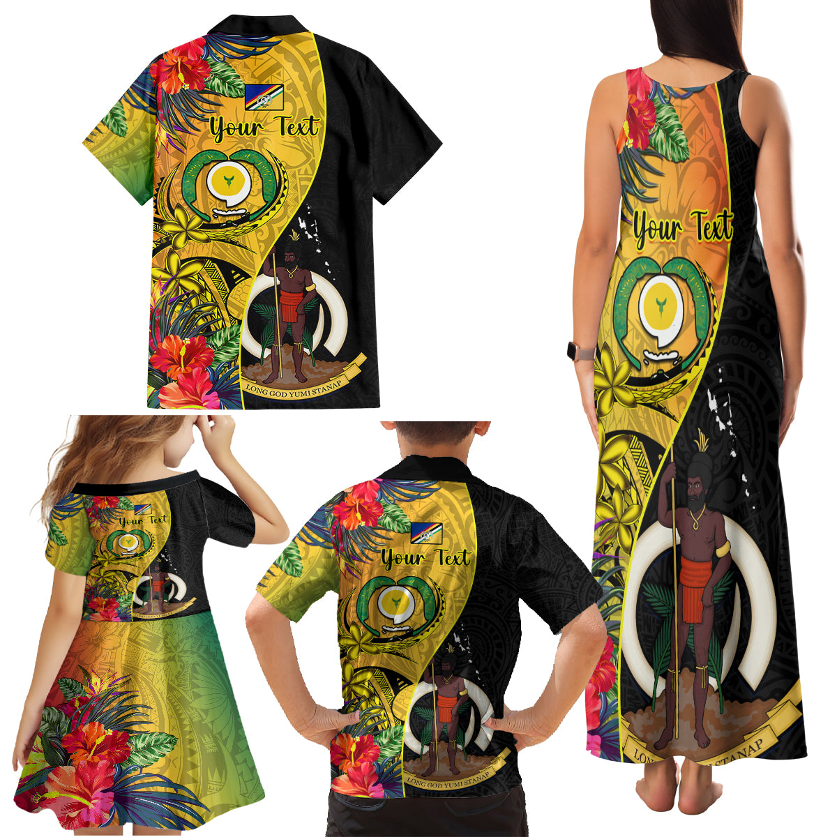 Personalised Vanuatu Torba Day Family Matching Tank Maxi Dress and Hawaiian Shirt Coat Of Arms Mix Tropical Flowers LT14 - Polynesian Pride