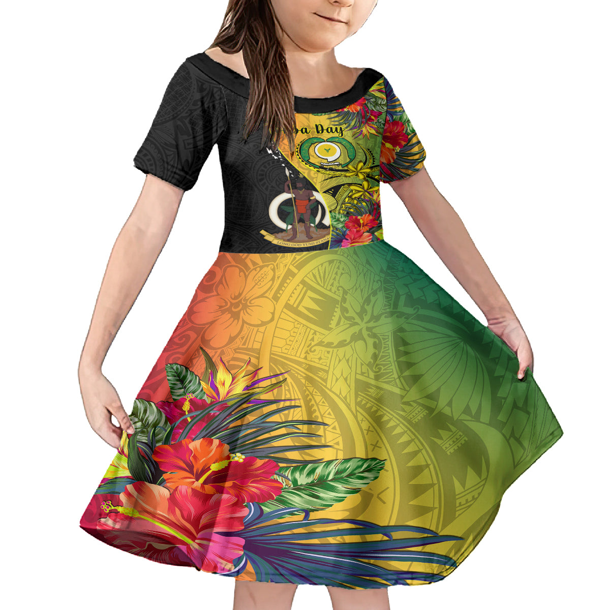 personalised-vanuatu-torba-day-kid-short-sleeve-dress-coat-of-arms-mix-tropical-flowers