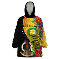 Personalised Vanuatu Torba Day Wearable Blanket Hoodie Coat Of Arms Mix Tropical Flowers LT14 One Size Black - Polynesian Pride
