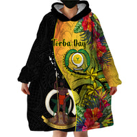Personalised Vanuatu Torba Day Wearable Blanket Hoodie Coat Of Arms Mix Tropical Flowers LT14 - Polynesian Pride