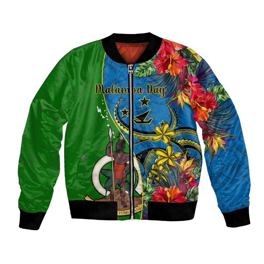 Vanuatu Malampa Day Bomber Jacket Coat Of Arms Mix Tropical Flowers LT14 Unisex Green - Polynesian Pride