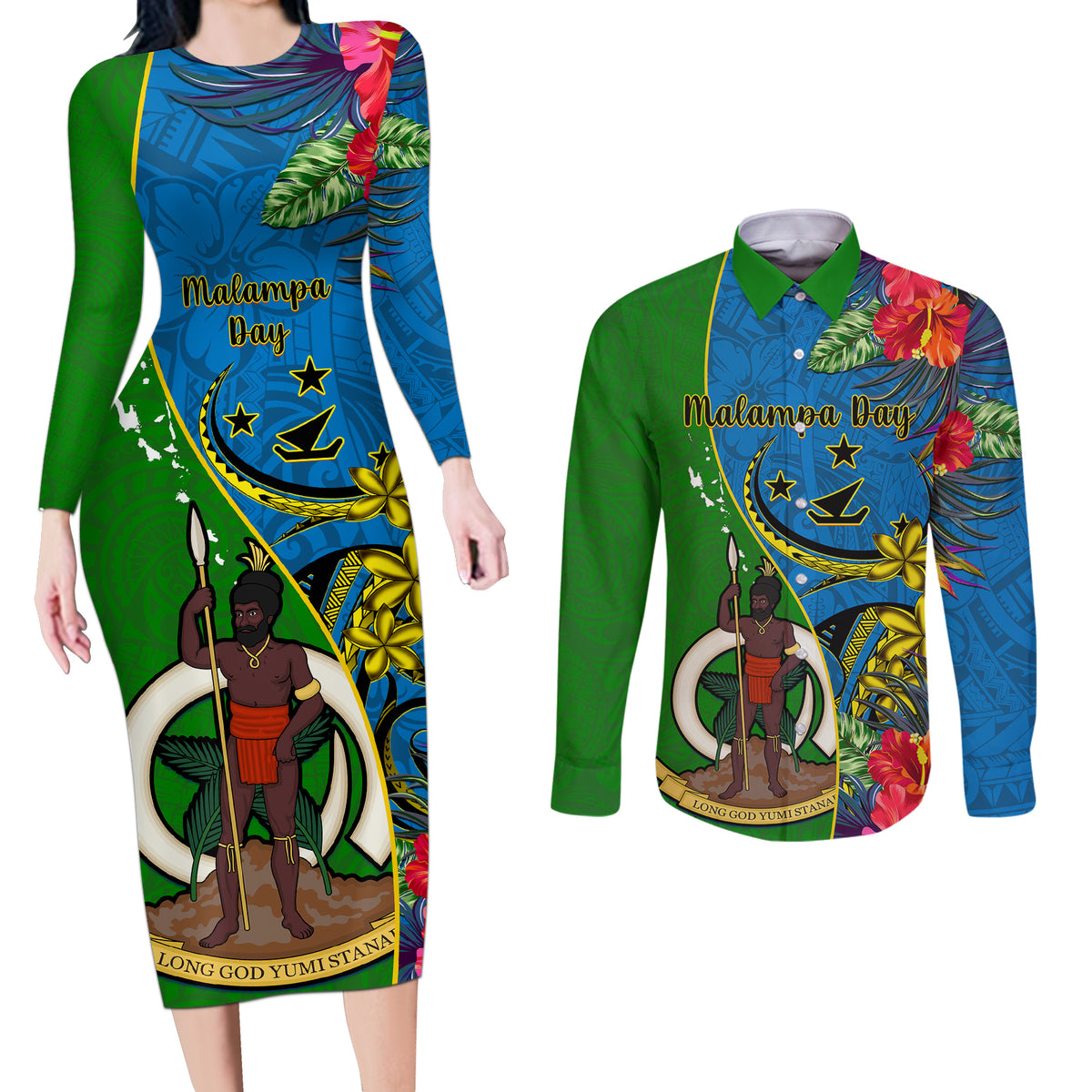 Vanuatu Malampa Day Couples Matching Long Sleeve Bodycon Dress and Long Sleeve Button Shirts Coat Of Arms Mix Tropical Flowers LT14 Green - Polynesian Pride