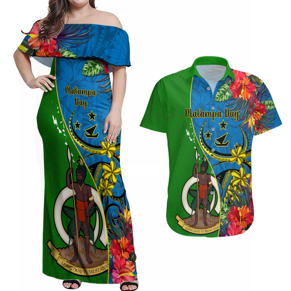 Vanuatu Malampa Day Couples Matching Off Shoulder Maxi Dress and Hawaiian Shirt Coat Of Arms Mix Tropical Flowers LT14 Green - Polynesian Pride