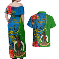 Vanuatu Malampa Day Couples Matching Off Shoulder Maxi Dress and Hawaiian Shirt Coat Of Arms Mix Tropical Flowers LT14 - Polynesian Pride
