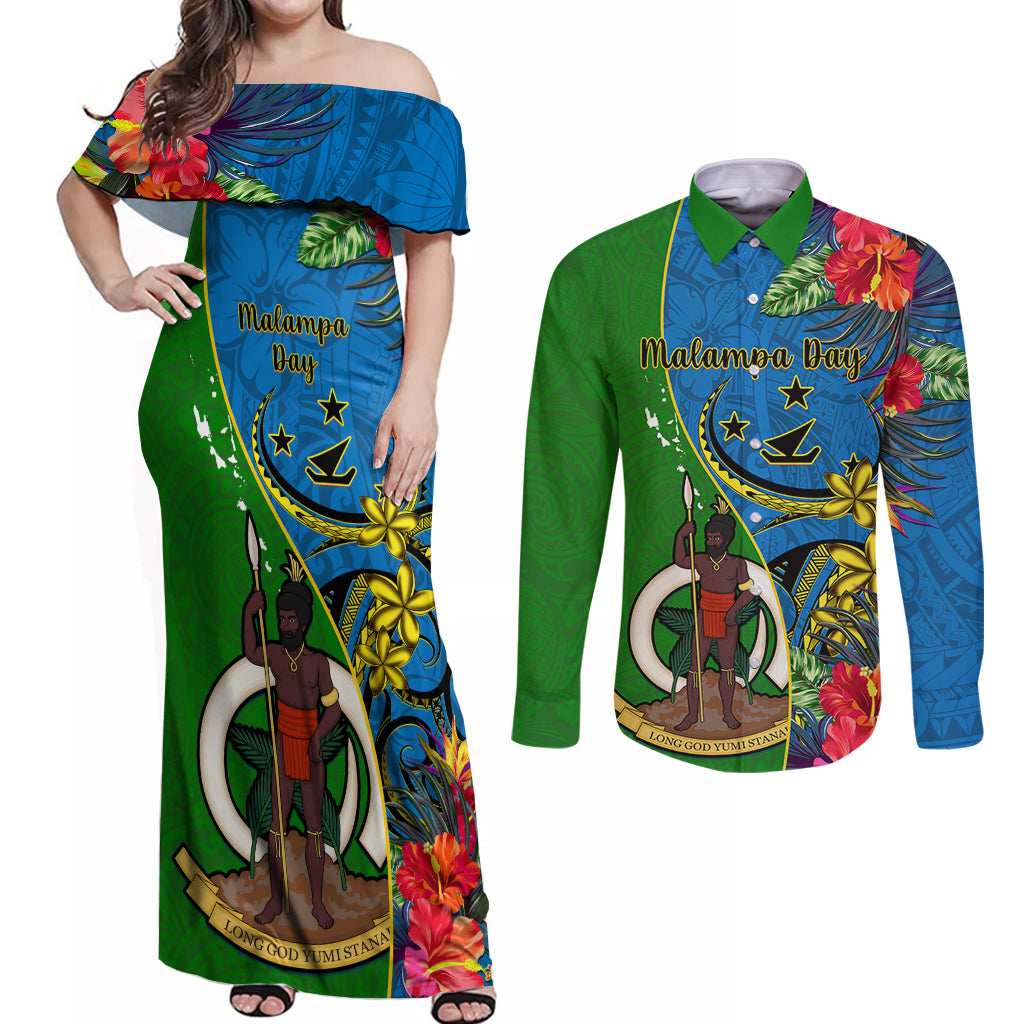 Vanuatu Malampa Day Couples Matching Off Shoulder Maxi Dress and Long Sleeve Button Shirts Coat Of Arms Mix Tropical Flowers LT14 Green - Polynesian Pride