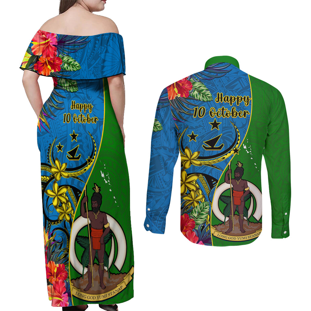 Vanuatu Malampa Day Couples Matching Off Shoulder Maxi Dress and Long Sleeve Button Shirts Coat Of Arms Mix Tropical Flowers LT14 - Polynesian Pride