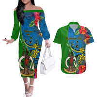 Vanuatu Malampa Day Couples Matching Off The Shoulder Long Sleeve Dress and Hawaiian Shirt Coat Of Arms Mix Tropical Flowers LT14 Green - Polynesian Pride