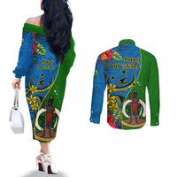 Vanuatu Malampa Day Couples Matching Off The Shoulder Long Sleeve Dress and Long Sleeve Button Shirts Coat Of Arms Mix Tropical Flowers LT14 - Polynesian Pride