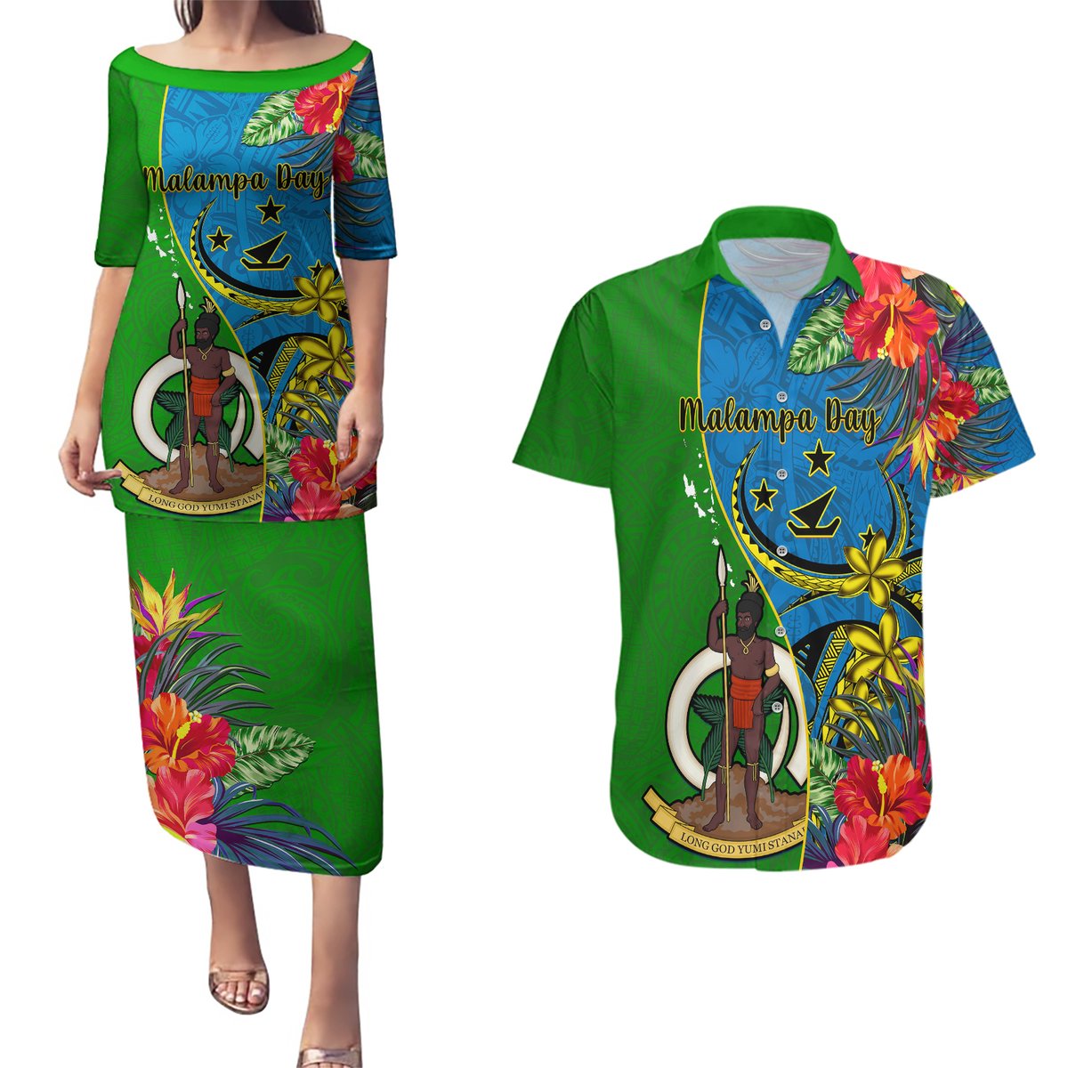 Vanuatu Malampa Day Couples Matching Puletasi Dress and Hawaiian Shirt Coat Of Arms Mix Tropical Flowers LT14 Green - Polynesian Pride