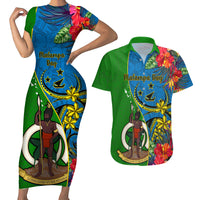 Vanuatu Malampa Day Couples Matching Short Sleeve Bodycon Dress and Hawaiian Shirt Coat Of Arms Mix Tropical Flowers LT14 Green - Polynesian Pride