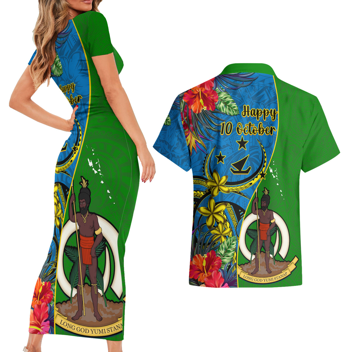 Vanuatu Malampa Day Couples Matching Short Sleeve Bodycon Dress and Hawaiian Shirt Coat Of Arms Mix Tropical Flowers LT14 - Polynesian Pride