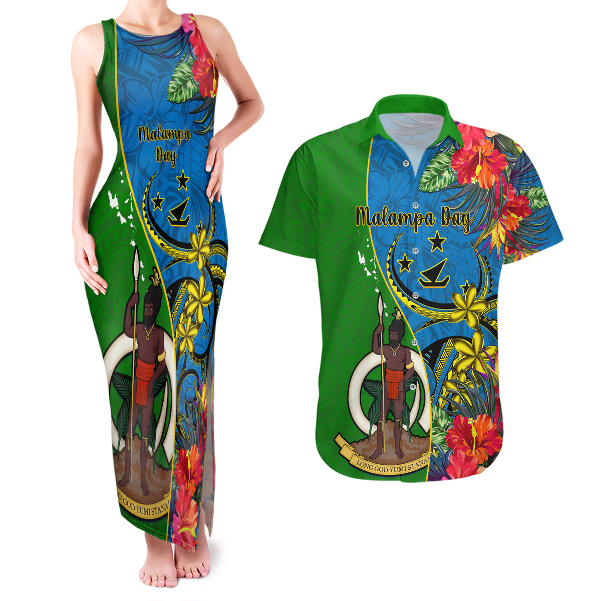 Vanuatu Malampa Day Couples Matching Tank Maxi Dress and Hawaiian Shirt Coat Of Arms Mix Tropical Flowers LT14 Green - Polynesian Pride