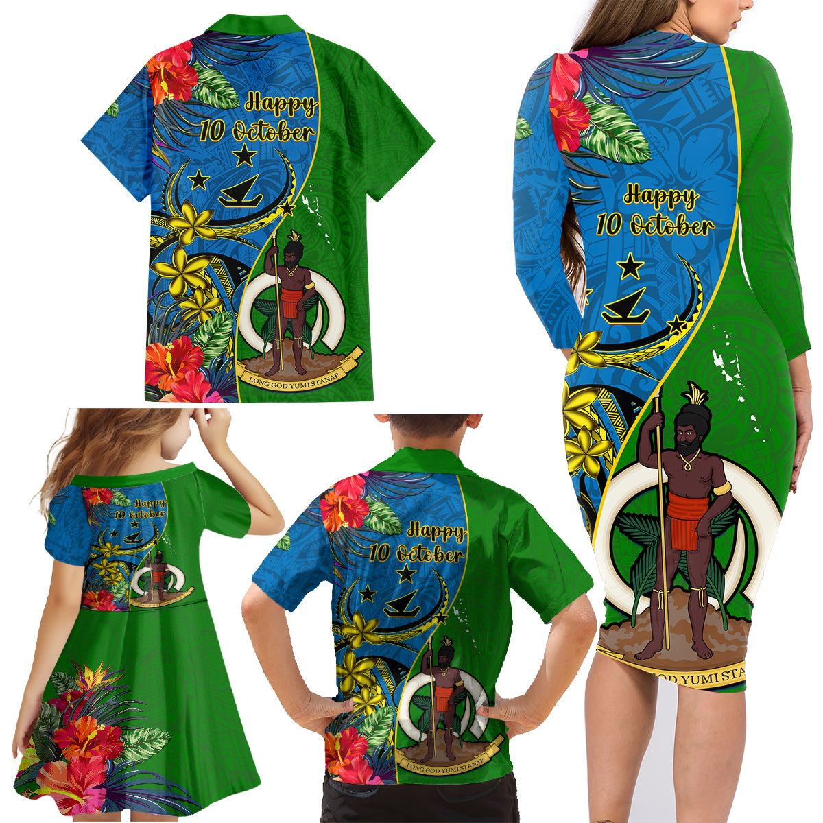 Vanuatu Malampa Day Family Matching Long Sleeve Bodycon Dress and Hawaiian Shirt Coat Of Arms Mix Tropical Flowers LT14 - Polynesian Pride