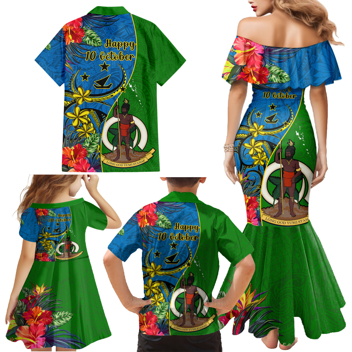 Vanuatu Malampa Day Family Matching Mermaid Dress and Hawaiian Shirt Coat Of Arms Mix Tropical Flowers LT14 - Polynesian Pride