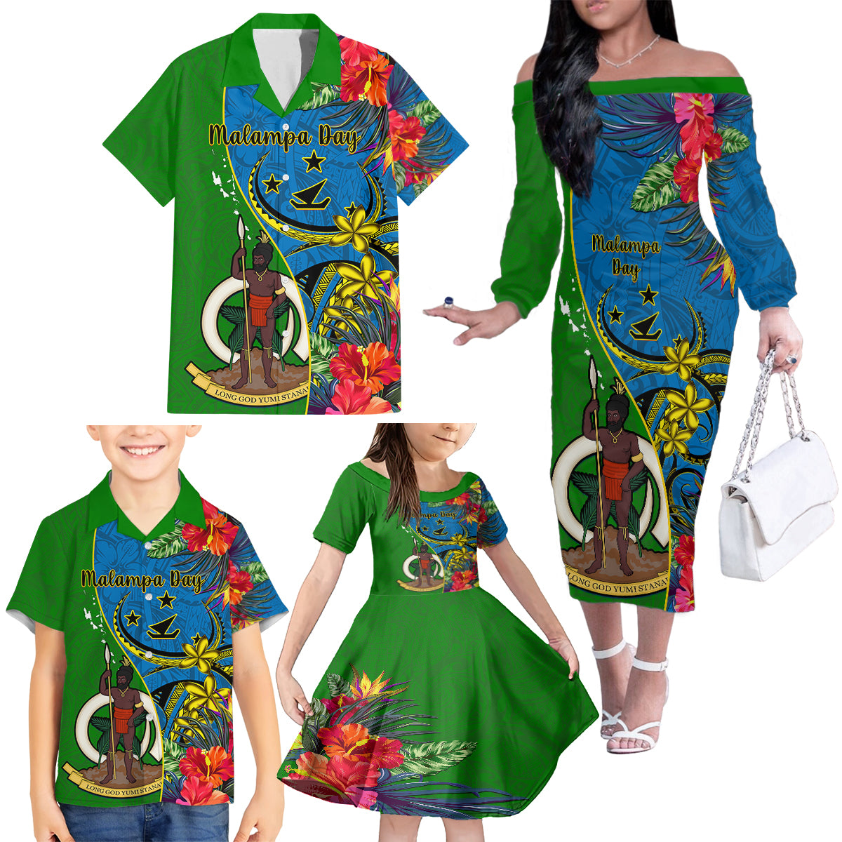 Vanuatu Malampa Day Family Matching Off Shoulder Long Sleeve Dress and Hawaiian Shirt Coat Of Arms Mix Tropical Flowers LT14 - Polynesian Pride