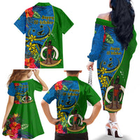 Vanuatu Malampa Day Family Matching Off Shoulder Long Sleeve Dress and Hawaiian Shirt Coat Of Arms Mix Tropical Flowers LT14 - Polynesian Pride