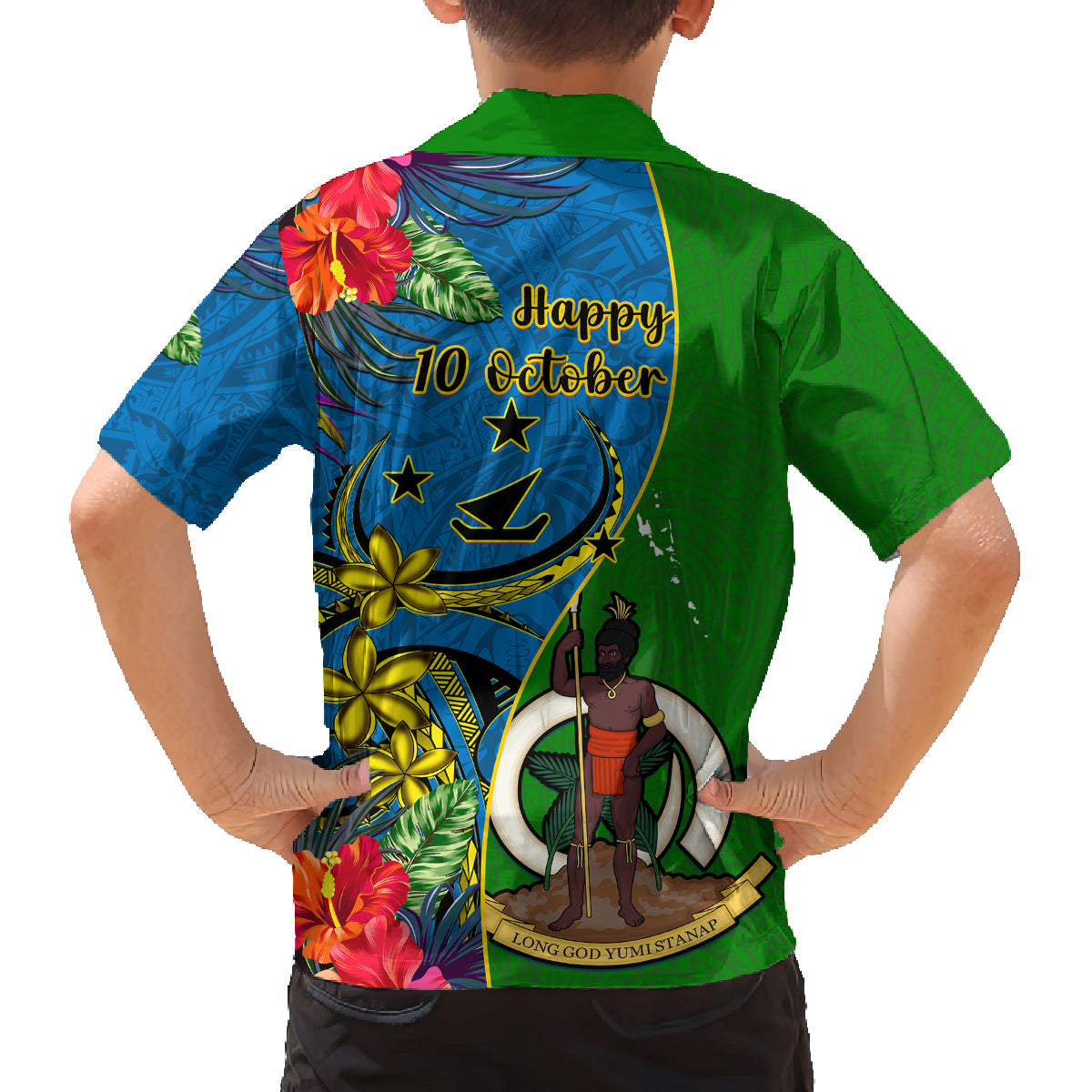 Vanuatu Malampa Day Family Matching Off Shoulder Maxi Dress and Hawaiian Shirt Coat Of Arms Mix Tropical Flowers LT14 - Polynesian Pride