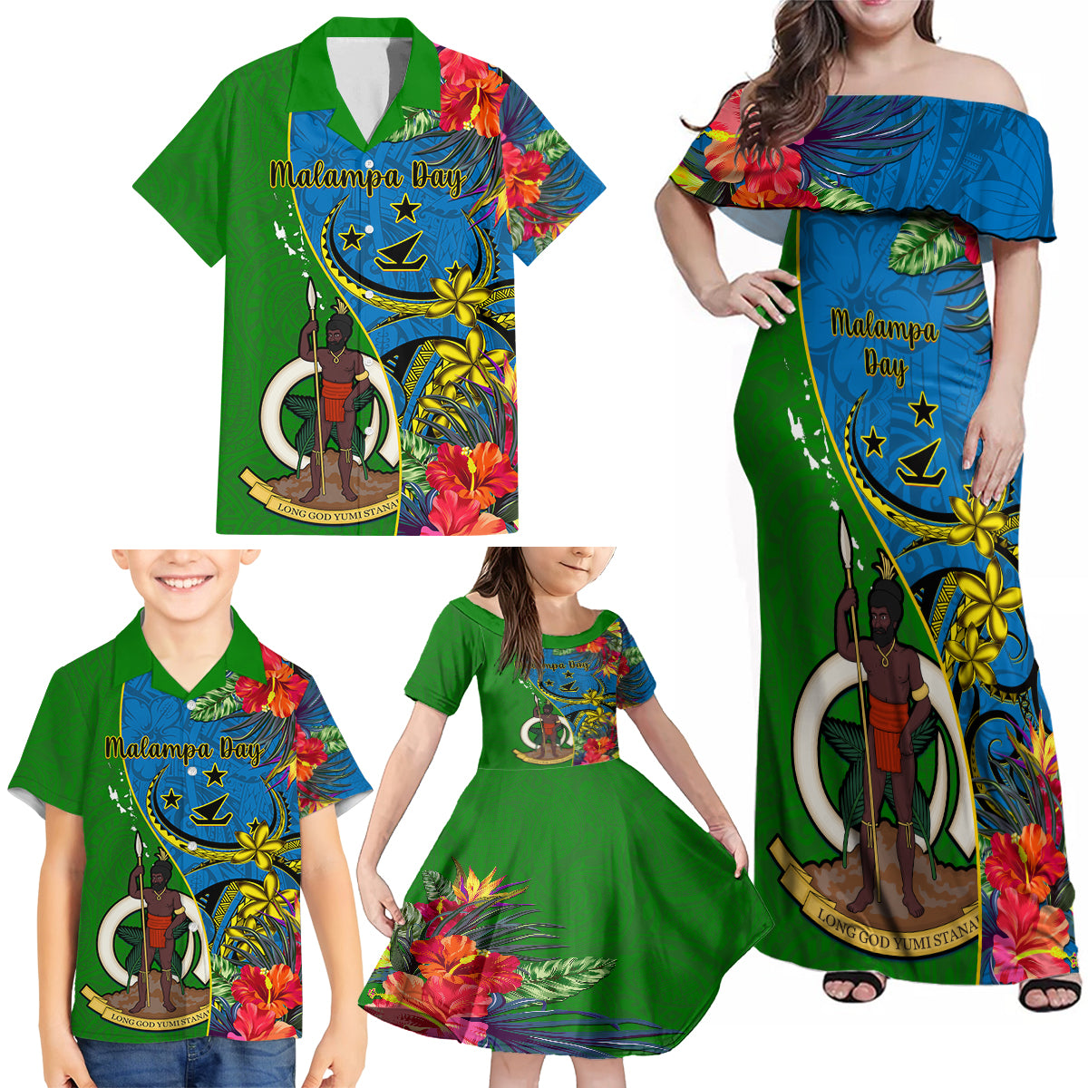 Vanuatu Malampa Day Family Matching Off Shoulder Maxi Dress and Hawaiian Shirt Coat Of Arms Mix Tropical Flowers LT14 - Polynesian Pride