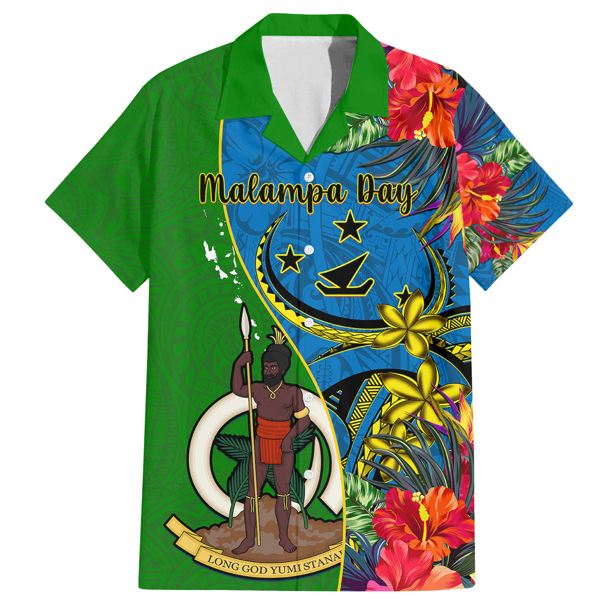 Vanuatu Malampa Day Family Matching Off Shoulder Maxi Dress and Hawaiian Shirt Coat Of Arms Mix Tropical Flowers LT14 Dad's Shirt - Short Sleeve Green - Polynesian Pride