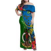 Vanuatu Malampa Day Family Matching Off Shoulder Maxi Dress and Hawaiian Shirt Coat Of Arms Mix Tropical Flowers LT14 Mom's Dress Green - Polynesian Pride