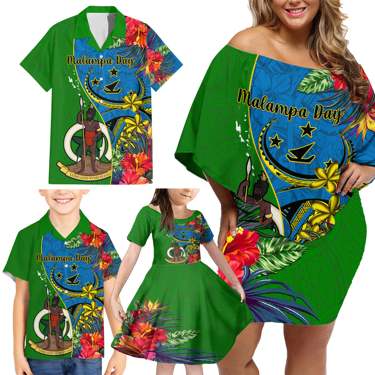 Vanuatu Malampa Day Family Matching Off Shoulder Short Dress and Hawaiian Shirt Coat Of Arms Mix Tropical Flowers LT14 - Polynesian Pride