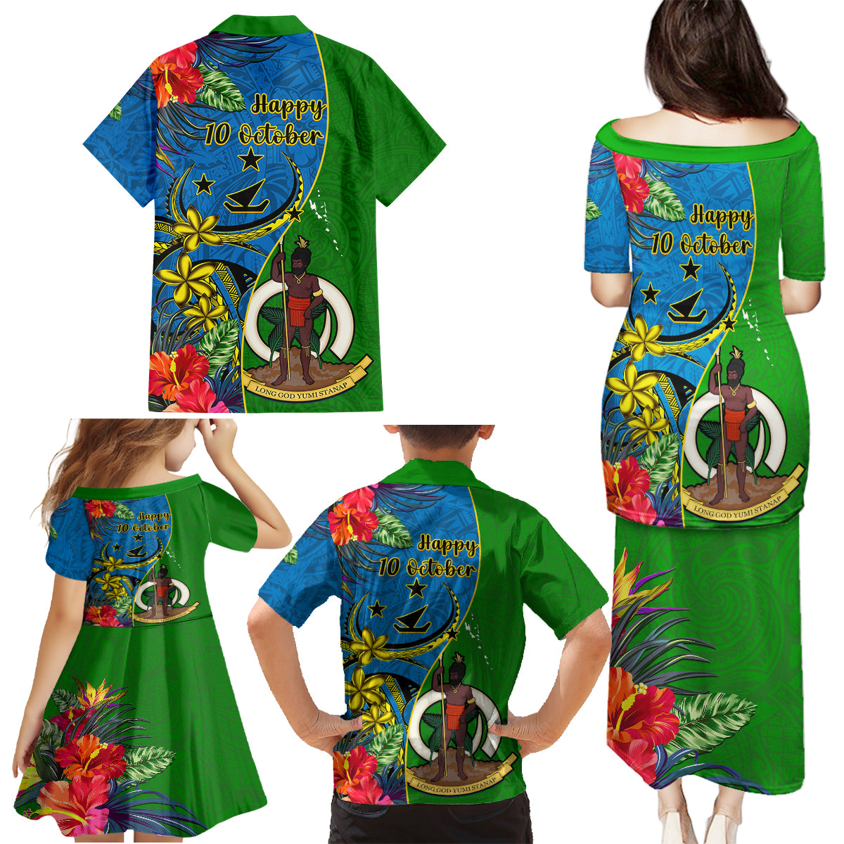 Vanuatu Malampa Day Family Matching Puletasi Dress and Hawaiian Shirt Coat Of Arms Mix Tropical Flowers LT14 - Polynesian Pride