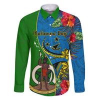 Vanuatu Malampa Day Family Matching Puletasi Dress and Hawaiian Shirt Coat Of Arms Mix Tropical Flowers LT14 Dad's Shirt - Long Sleeve Green - Polynesian Pride