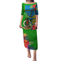 Vanuatu Malampa Day Family Matching Puletasi Dress and Hawaiian Shirt Coat Of Arms Mix Tropical Flowers LT14 Mom's Dress Green - Polynesian Pride