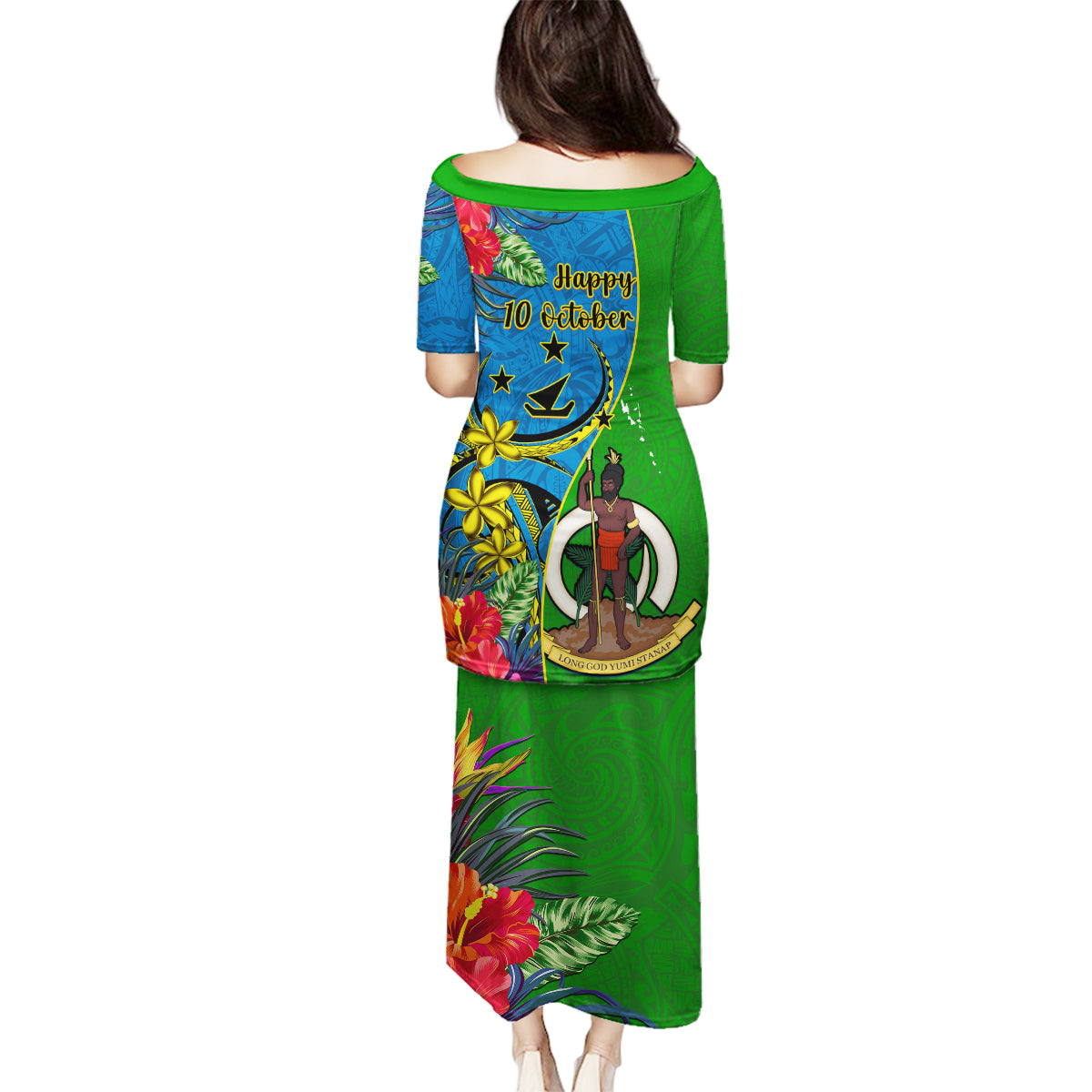 Vanuatu Malampa Day Family Matching Puletasi Dress and Hawaiian Shirt Coat Of Arms Mix Tropical Flowers LT14 - Polynesian Pride