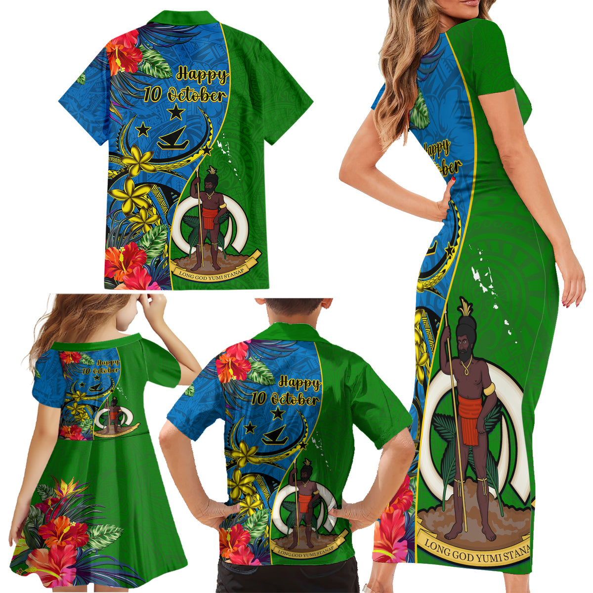 Vanuatu Malampa Day Family Matching Short Sleeve Bodycon Dress and Hawaiian Shirt Coat Of Arms Mix Tropical Flowers LT14 - Polynesian Pride