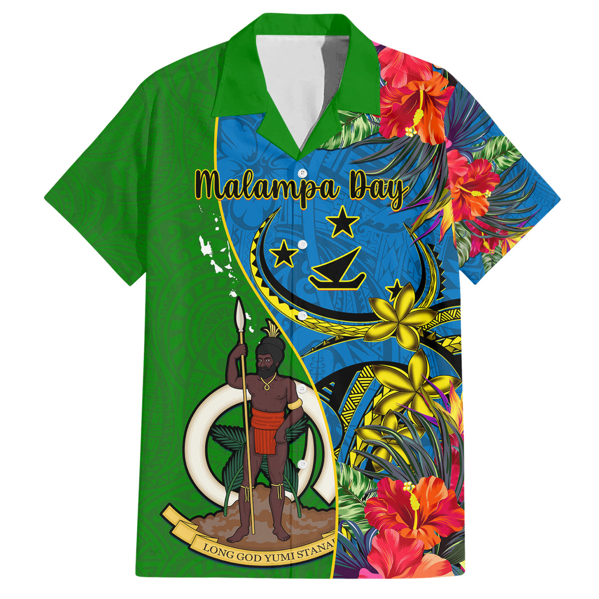 Vanuatu Malampa Day Family Matching Short Sleeve Bodycon Dress and Hawaiian Shirt Coat Of Arms Mix Tropical Flowers LT14 Dad's Shirt - Short Sleeve Green - Polynesian Pride