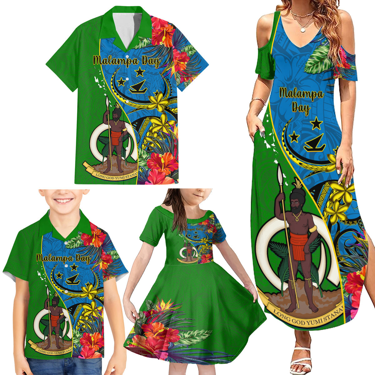 Vanuatu Malampa Day Family Matching Summer Maxi Dress and Hawaiian Shirt Coat Of Arms Mix Tropical Flowers LT14 - Polynesian Pride