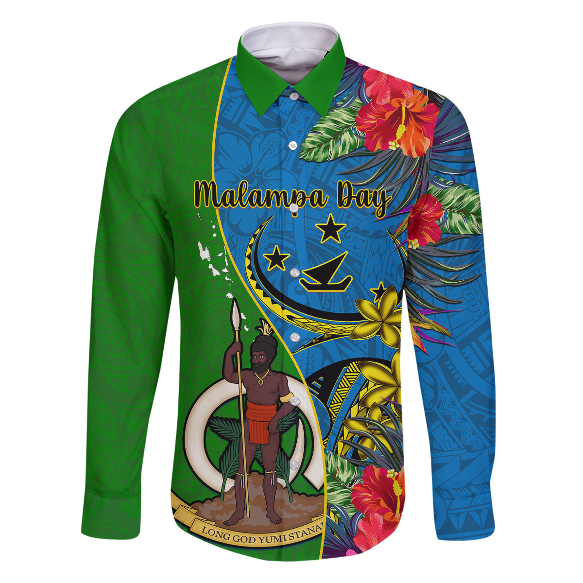 Vanuatu Malampa Day Family Matching Summer Maxi Dress and Hawaiian Shirt Coat Of Arms Mix Tropical Flowers LT14 Dad's Shirt - Long Sleeve Green - Polynesian Pride